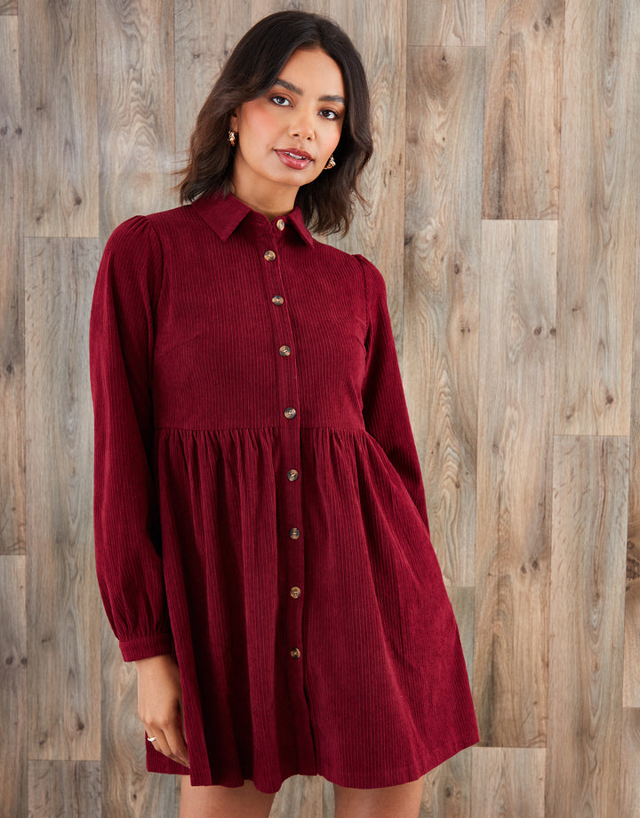 Corduroy Smock Shirt Dress in Berry Red