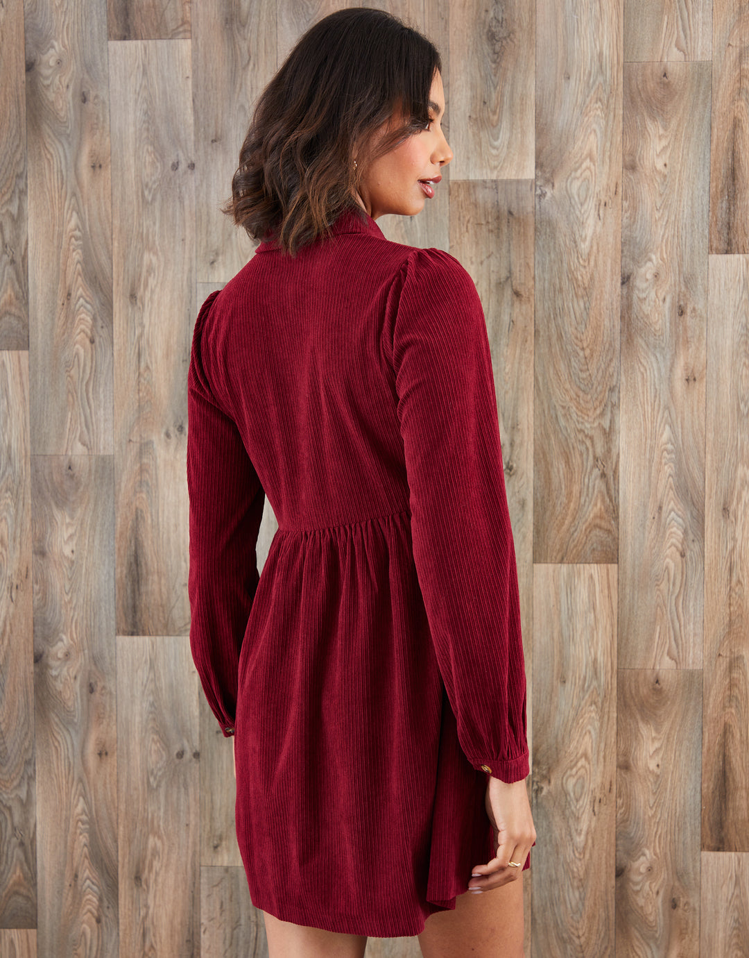 Corduroy Smock Shirt Dress in Berry Red