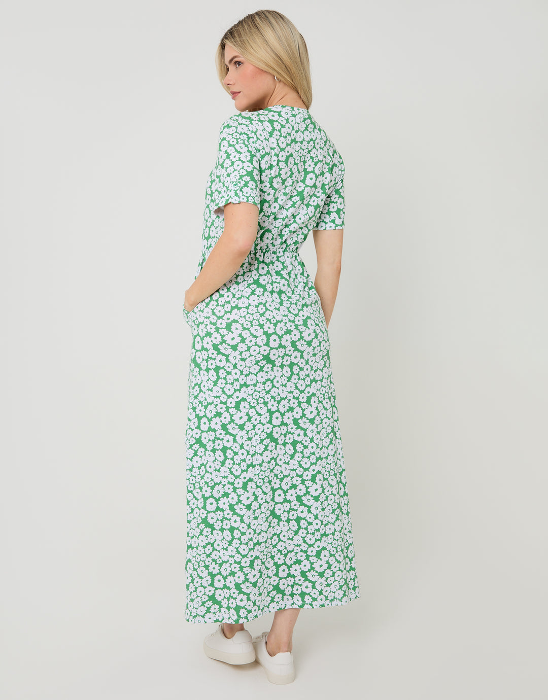 Green Floral Crew Neck Jersey Midi Dress with Patch Pockets