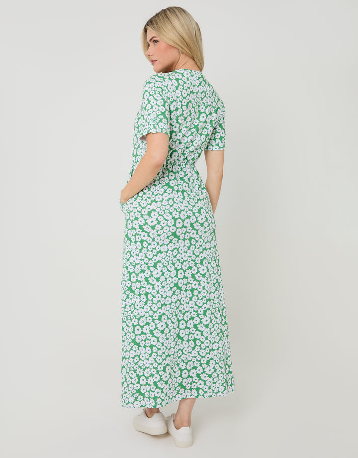 Green Floral Crew Neck Jersey Midi Dress with Patch Pockets
