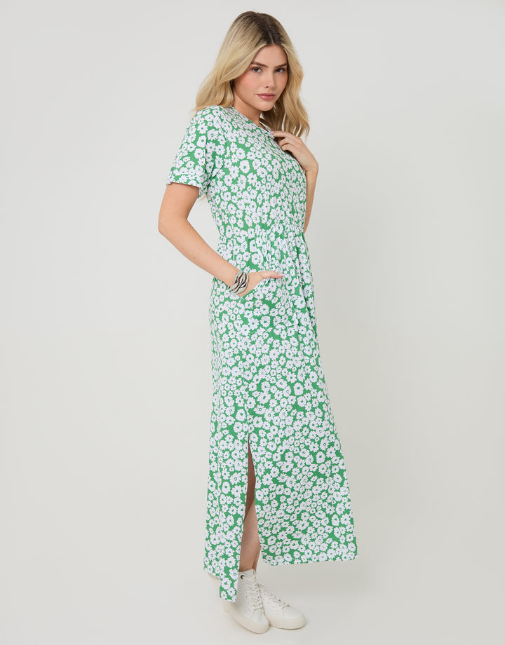 Green Floral Crew Neck Jersey Midi Dress with Patch Pockets
