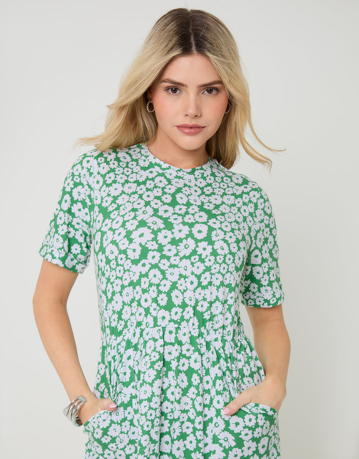 Green Floral Crew Neck Jersey Midi Dress with Patch Pockets