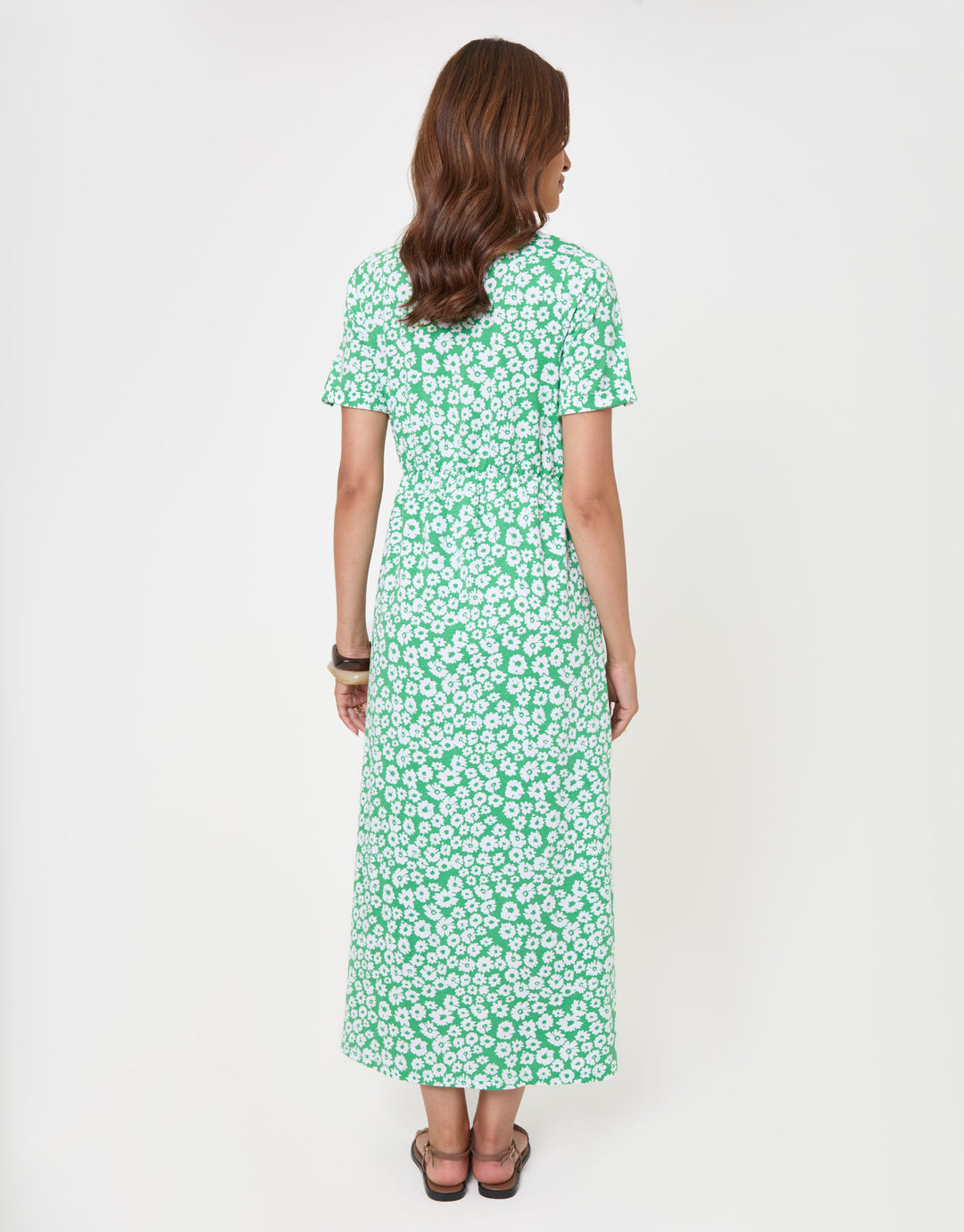 Threadbare Crew Neck Jersey Midi Dress with Patch Pockets in Green Floral - back view