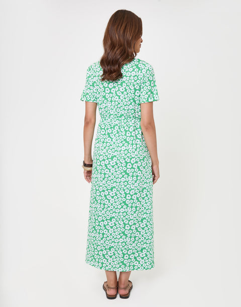 Threadbare Crew Neck Jersey Midi Dress with Patch Pockets in Green Floral - back view
