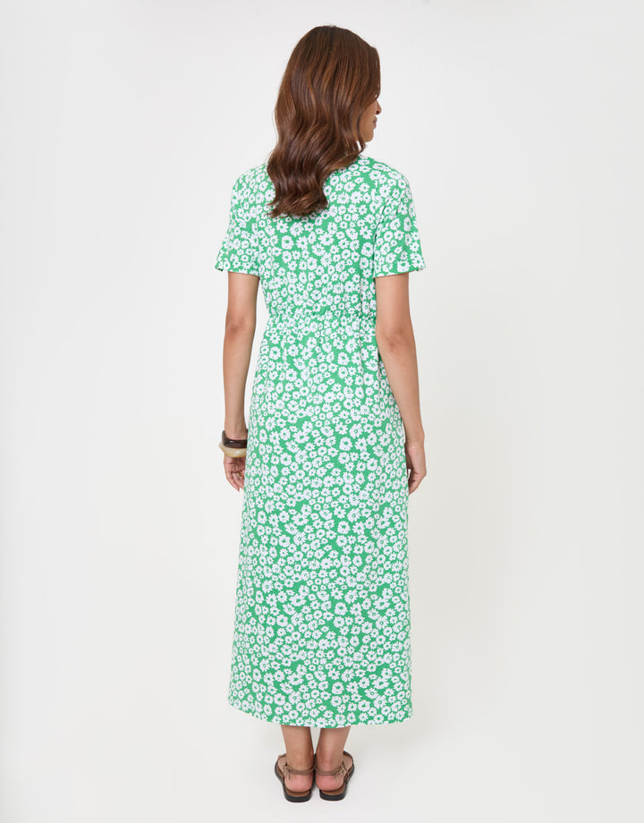 Threadbare Crew Neck Jersey Midi Dress with Patch Pockets in Green Floral - back view
