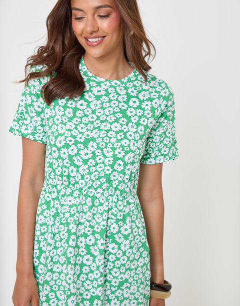 Threadbare Crew Neck Jersey Midi Dress with Patch Pockets in Green Floral - close up