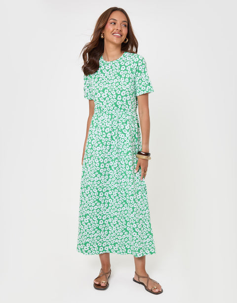 Threadbare Crew Neck Jersey Midi Dress with Patch Pockets in Green Floral - full body