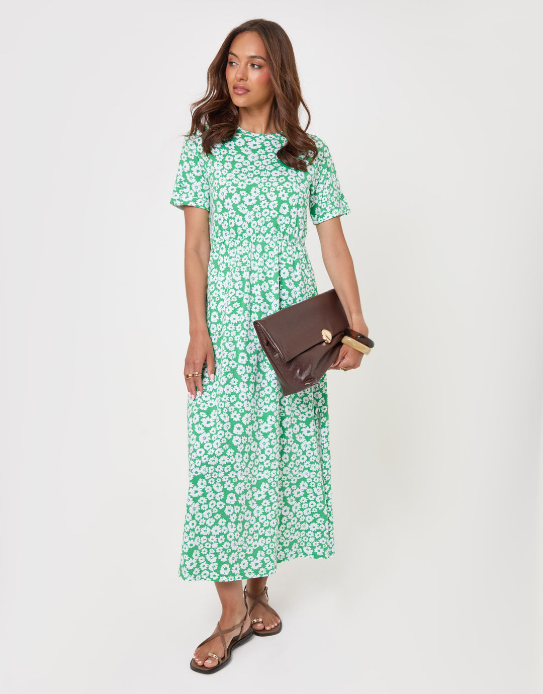 Threadbare Crew Neck Jersey Midi Dress with Patch Pockets in Green Floral - front view