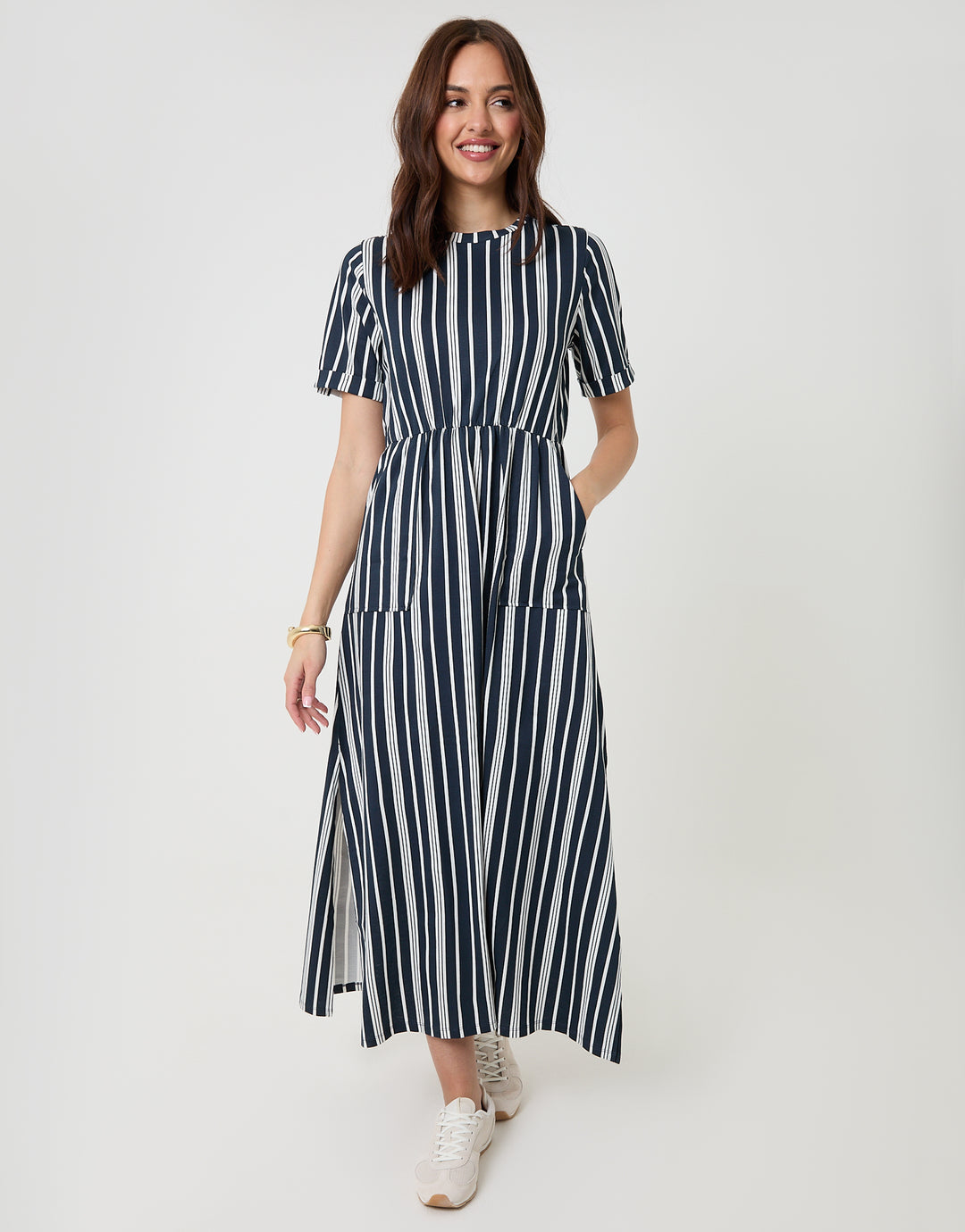 Crew Neck Jersey Midi Dress with Patch Pockets in Navy Stripe Crew Neck Jersey Midi Dress with Patch Pockets in Navy Stripe