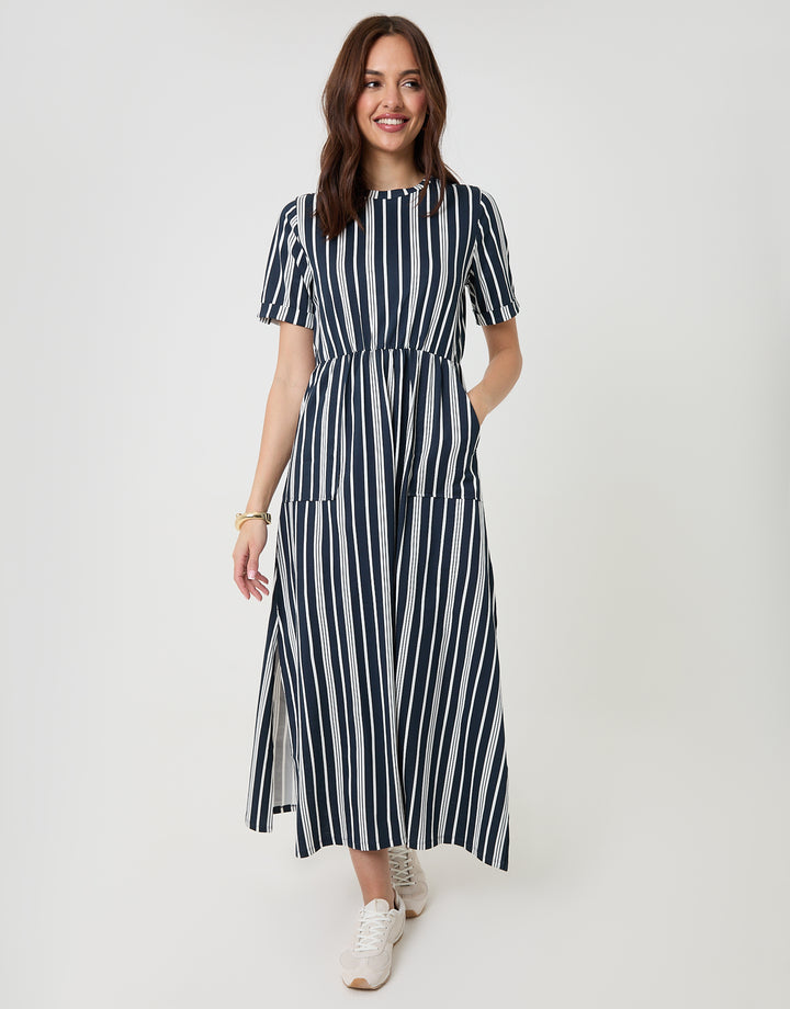 Navy Stripe Crew Neck Jersey Midi Dress with Patch Pockets