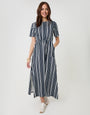 Navy Stripe Crew Neck Jersey Midi Dress with Patch Pockets