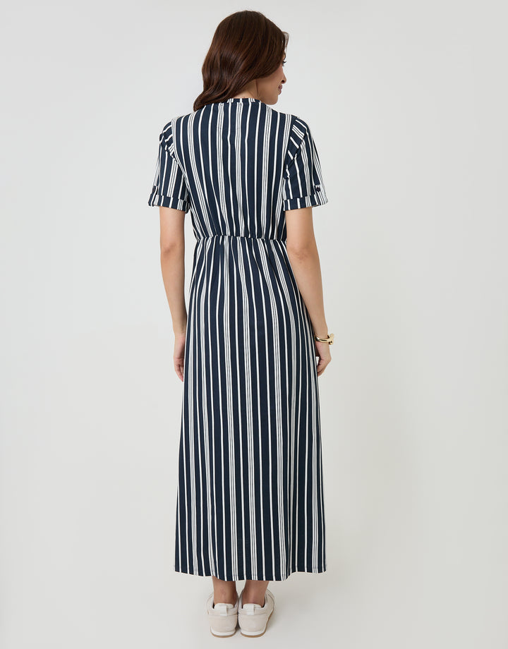 Navy Stripe Crew Neck Jersey Midi Dress with Patch Pockets