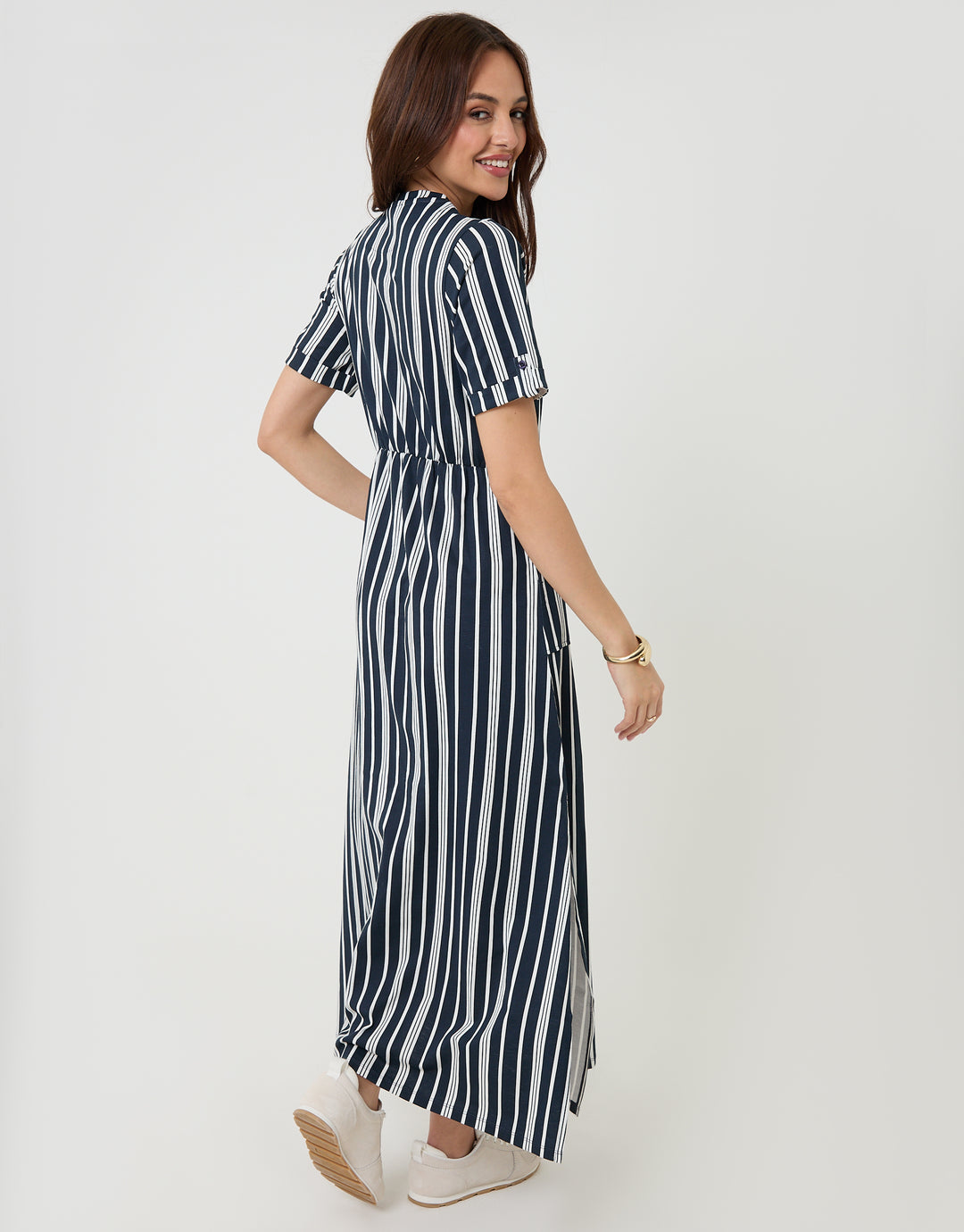 Navy Stripe Crew Neck Jersey Midi Dress with Patch Pockets