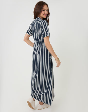 Threadbare Crew Neck Jersey Midi Dress with Patch Pockets in Navy Stripe - side view