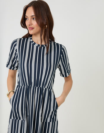 Threadbare Crew Neck Jersey Midi Dress with Patch Pockets in Navy Stripe - front view close up