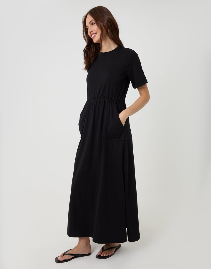 Black Crew Neck Jersey Midi Dress with Patch Pockets