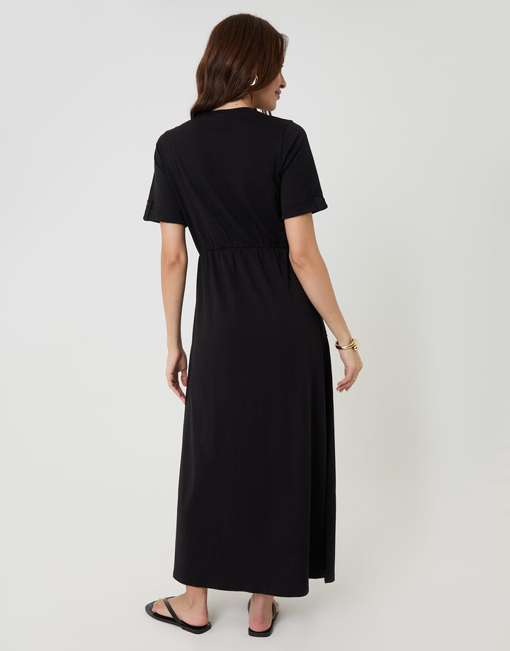 2 Pack Black & Navy Stripe Crew Neck Jersey Midi Dresses with Patch Pockets