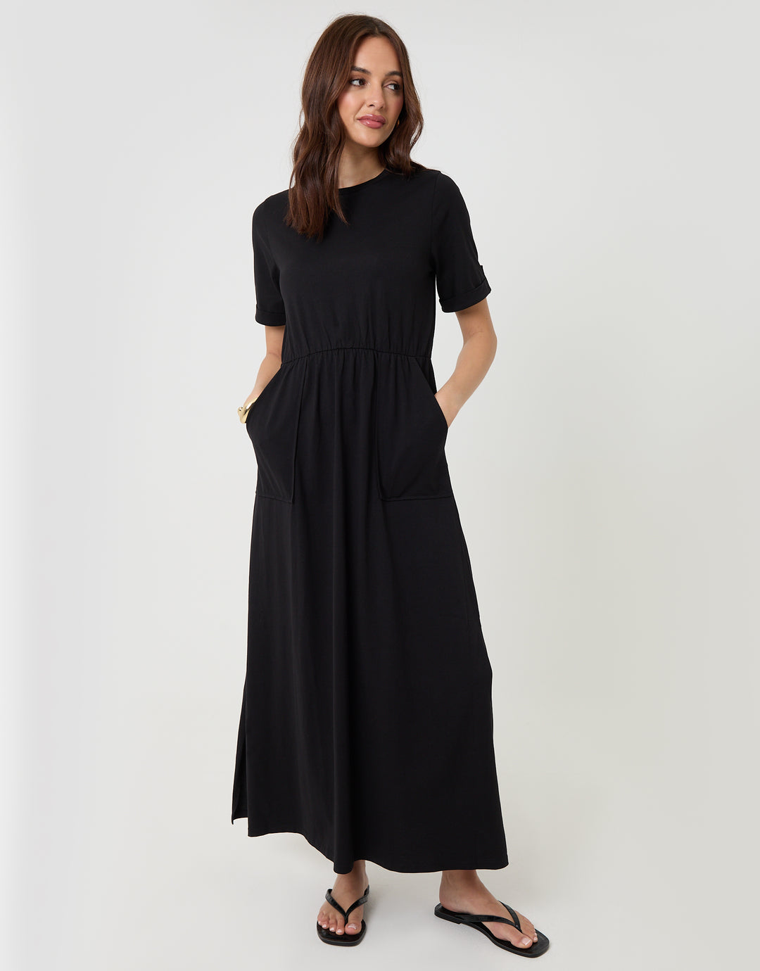 2 Pack Black & Navy Stripe Crew Neck Jersey Midi Dresses with Patch Pockets