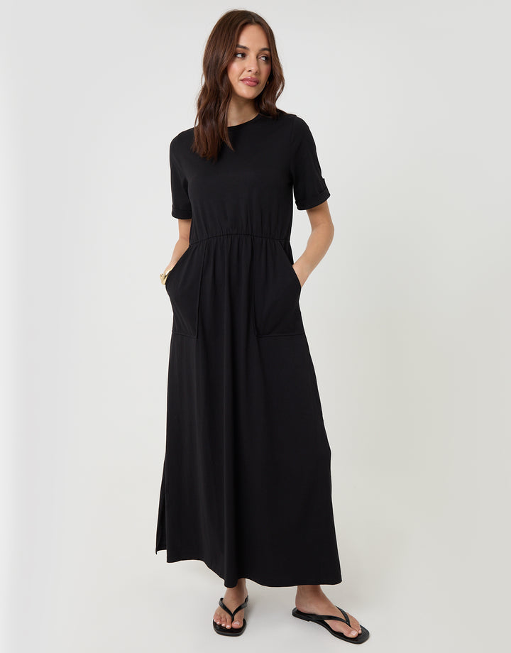 2 Pack Black & Navy Stripe Crew Neck Jersey Midi Dresses with Patch Pockets