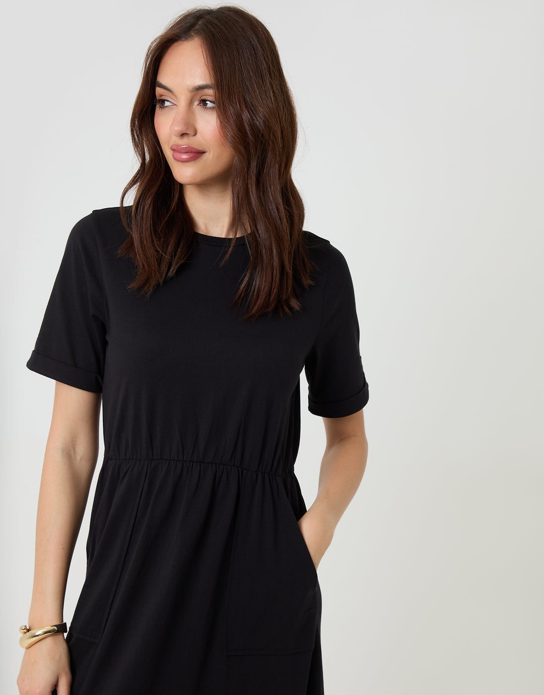 Black Crew Neck Jersey Midi Dress with Patch Pockets