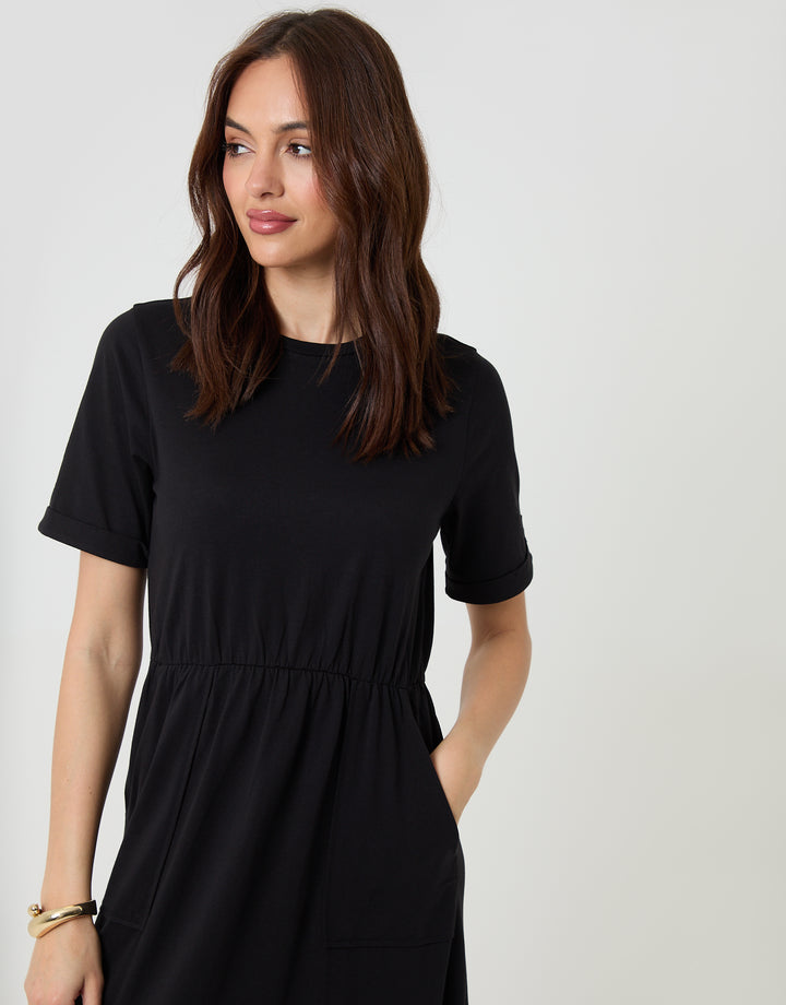 Black Crew Neck Jersey Midi Dress with Patch Pockets