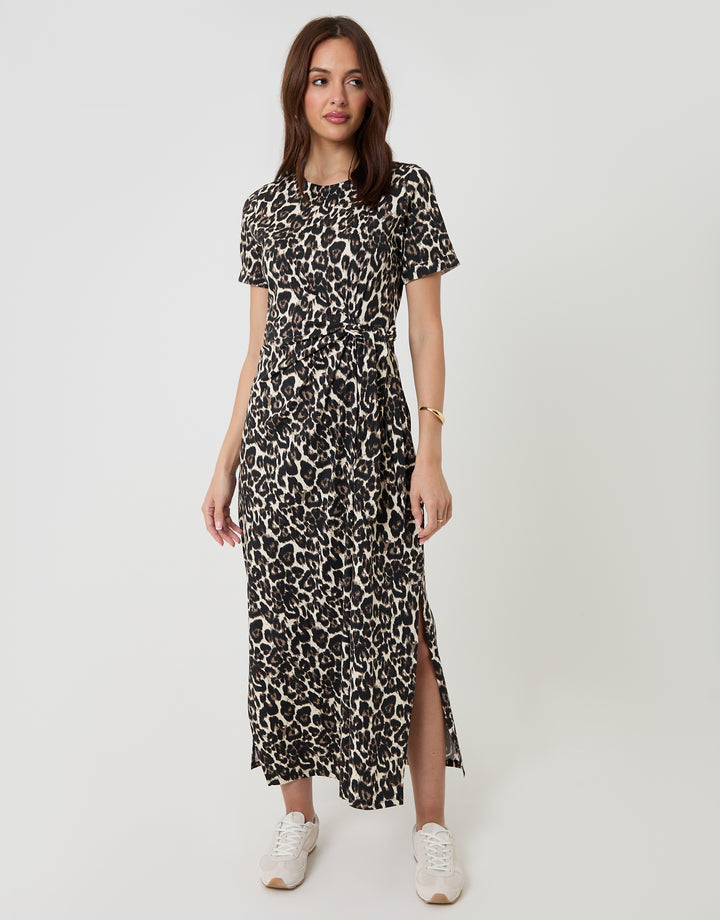 Threadbare Tie Front Side Split Cotton Jersey Midi Dress in Leopard Print - full body