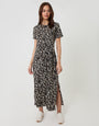 Threadbare Tie Front Side Split Cotton Jersey Midi Dress in Leopard Print - full body