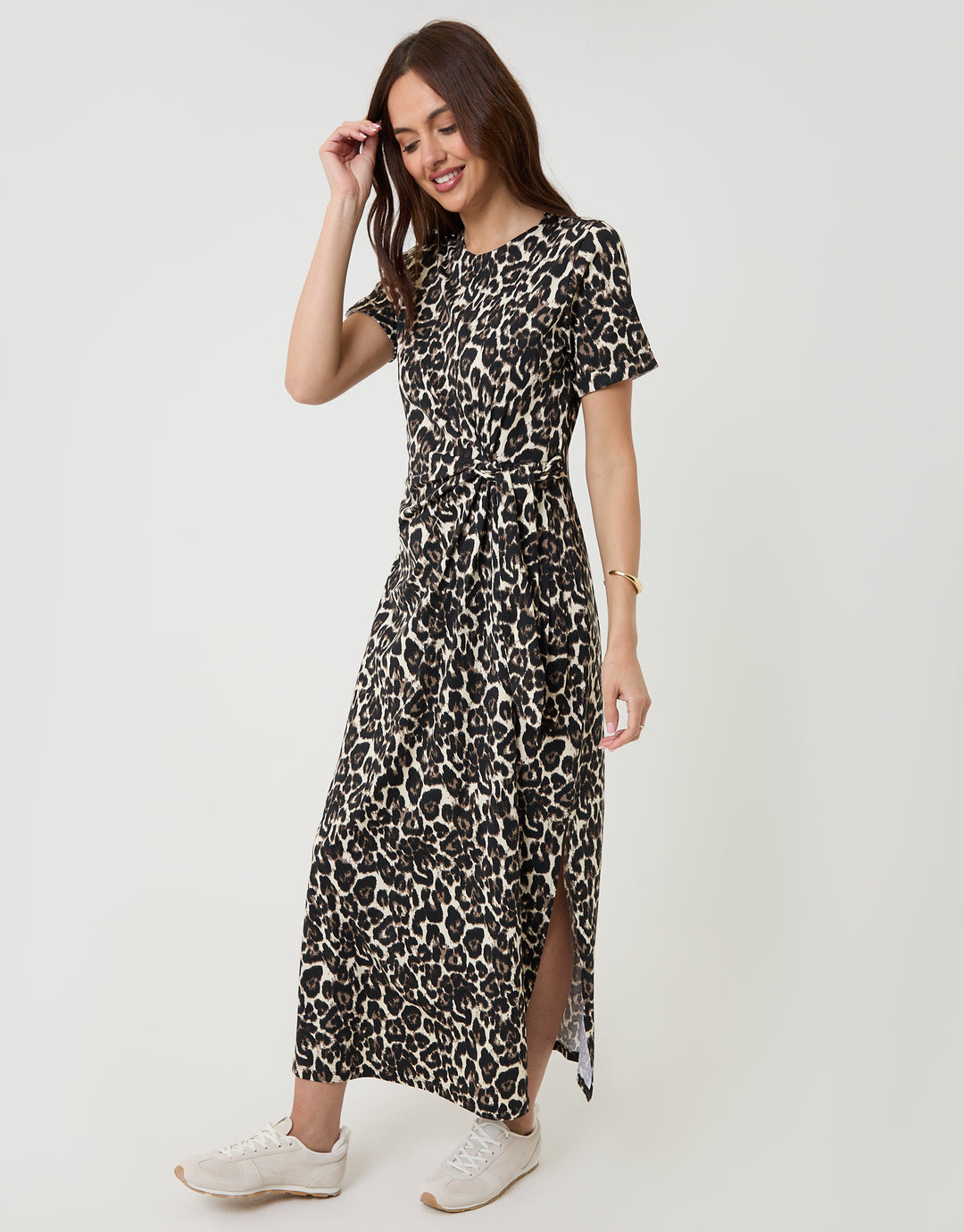 Threadbare Tie Front Side Split Cotton Jersey Midi Dress in Leopard Print - side view