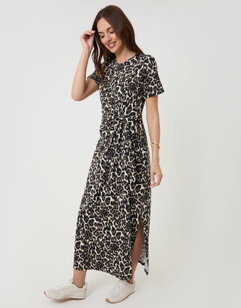 Threadbare Tie Front Side Split Cotton Jersey Midi Dress in Leopard Print - side view