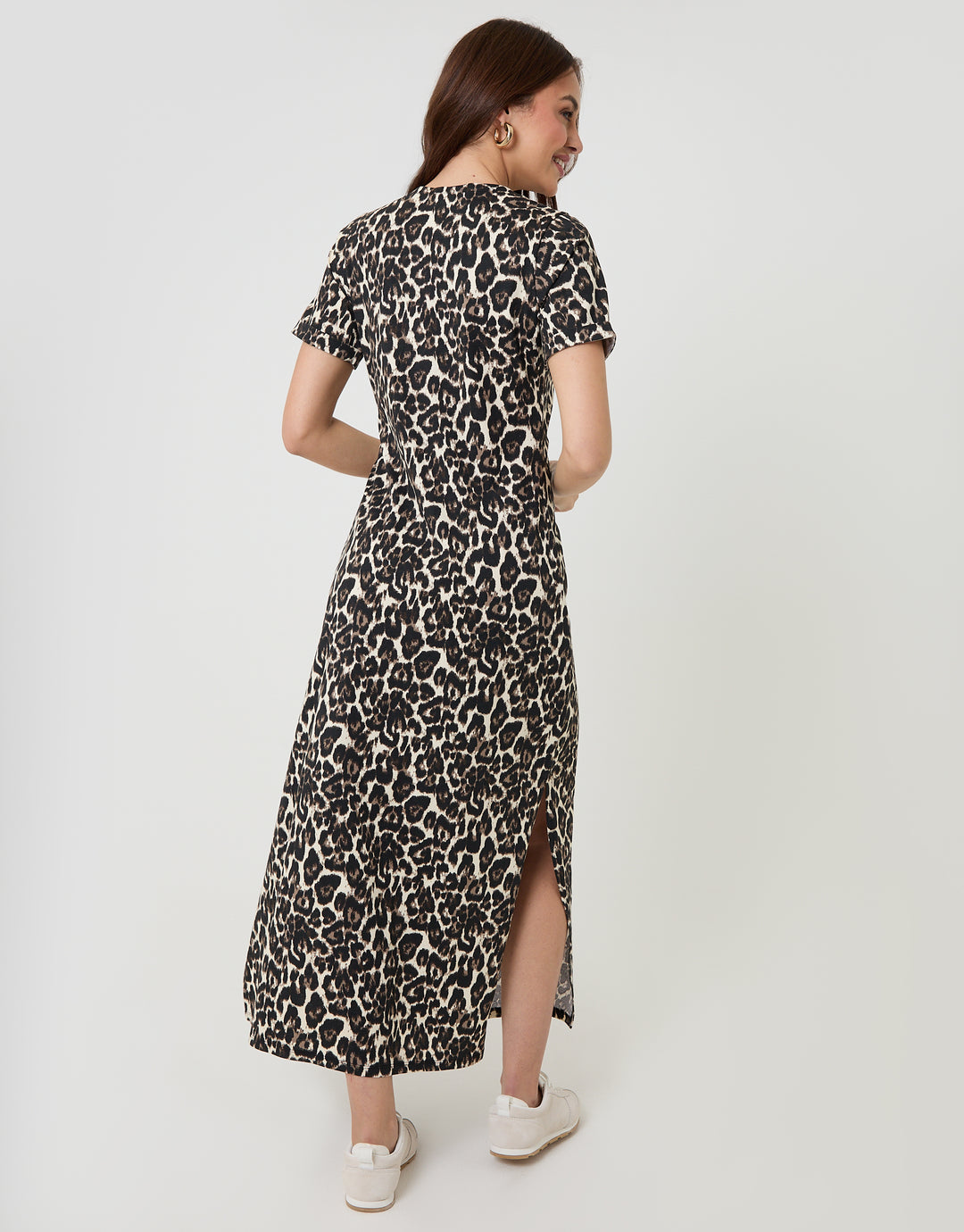 Threadbare Tie Front Side Split Cotton Jersey Midi Dress in Leopard Print - back view