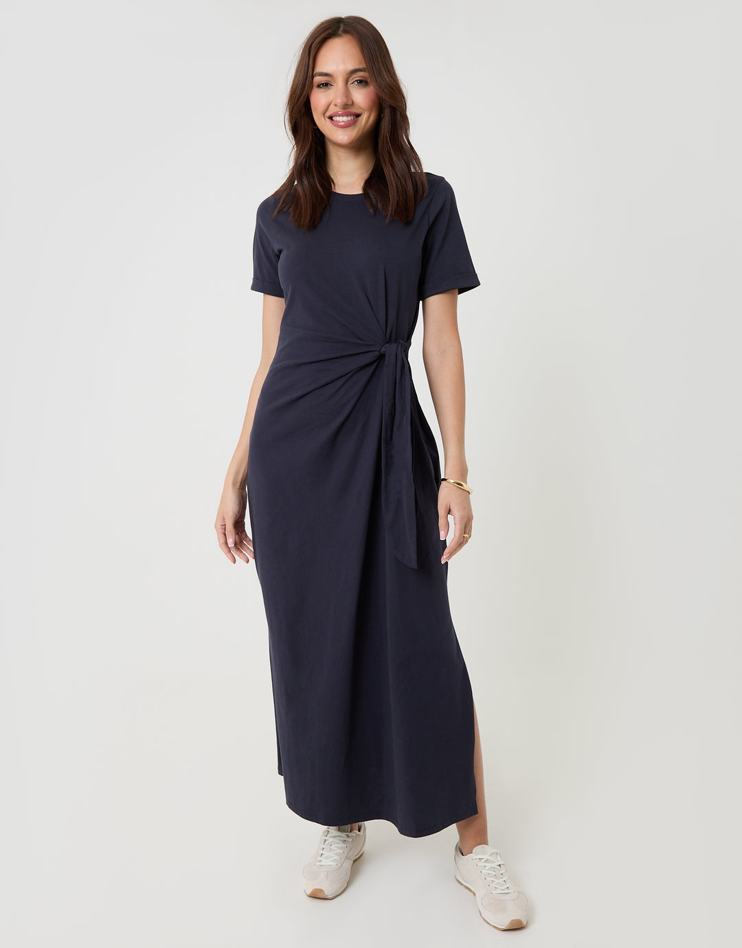 Navy Tie Front Side Split Cotton Jersey Midi Dress