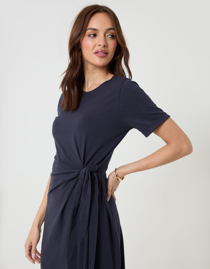 Navy Tie Front Side Split Cotton Jersey Midi Dress