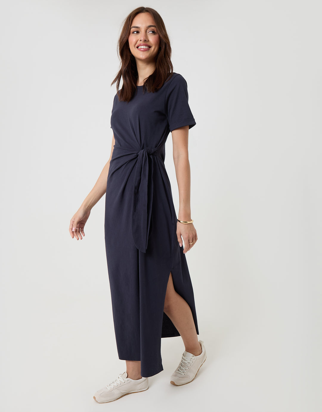 Navy Tie Front Side Split Cotton Jersey Midi Dress