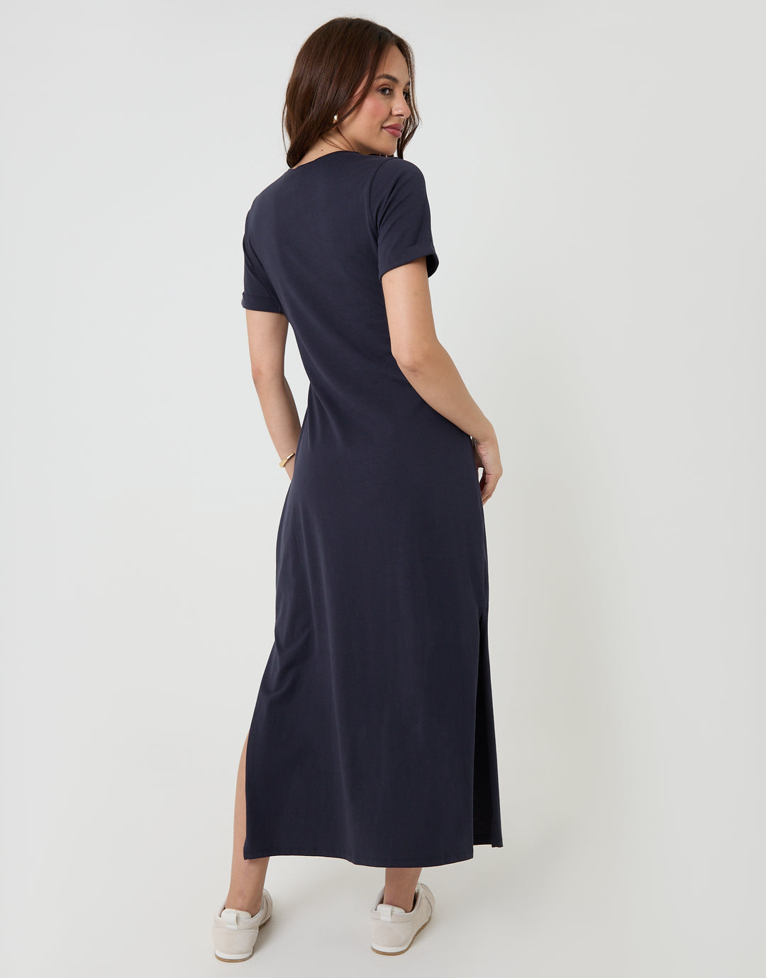 Navy Tie Front Side Split Cotton Jersey Midi Dress