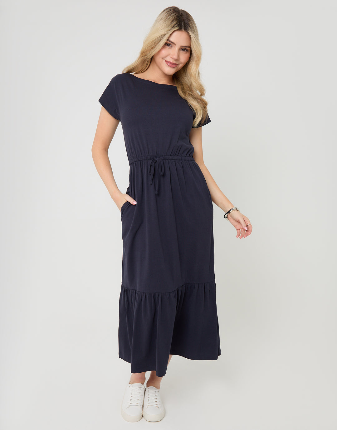 Navy Drawstring Waist Boat Neck Cotton Jersey Maxi Dress