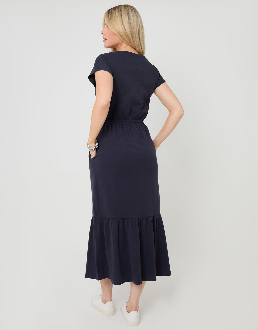 Navy Drawstring Waist Boat Neck Cotton Jersey Maxi Dress