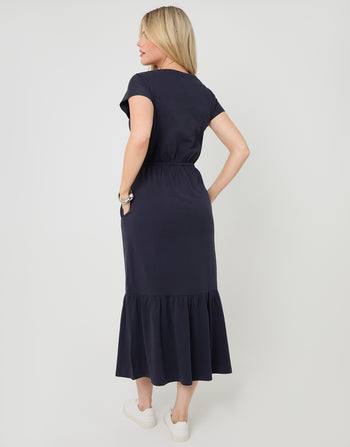 Threadbare Drawstring Waist Boat Neck Cotton Jersey Maxi Dress in Navy - back view