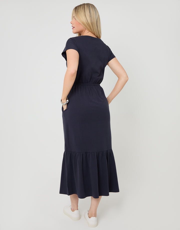 Navy Drawstring Waist Boat Neck Cotton Jersey Maxi Dress
