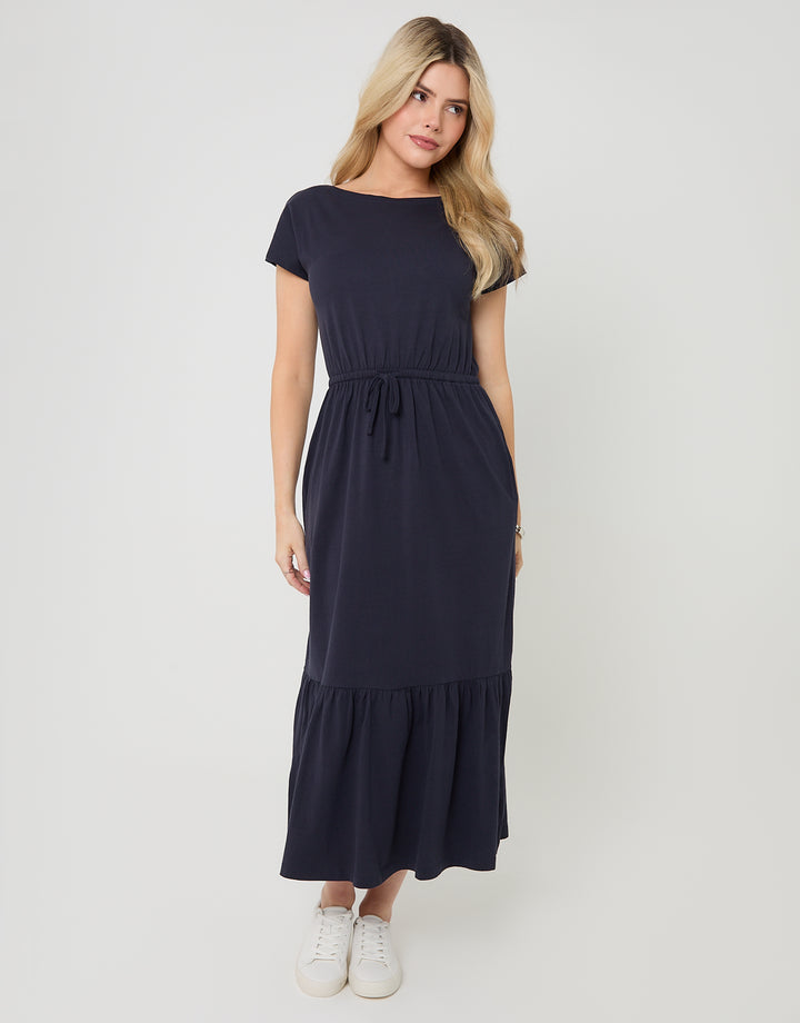 Navy Drawstring Waist Boat Neck Cotton Jersey Maxi Dress