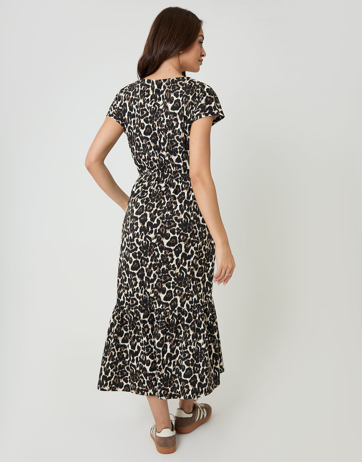 Leopard Drawstring Waist Boat Neck Cotton Jersey Maxi Dress