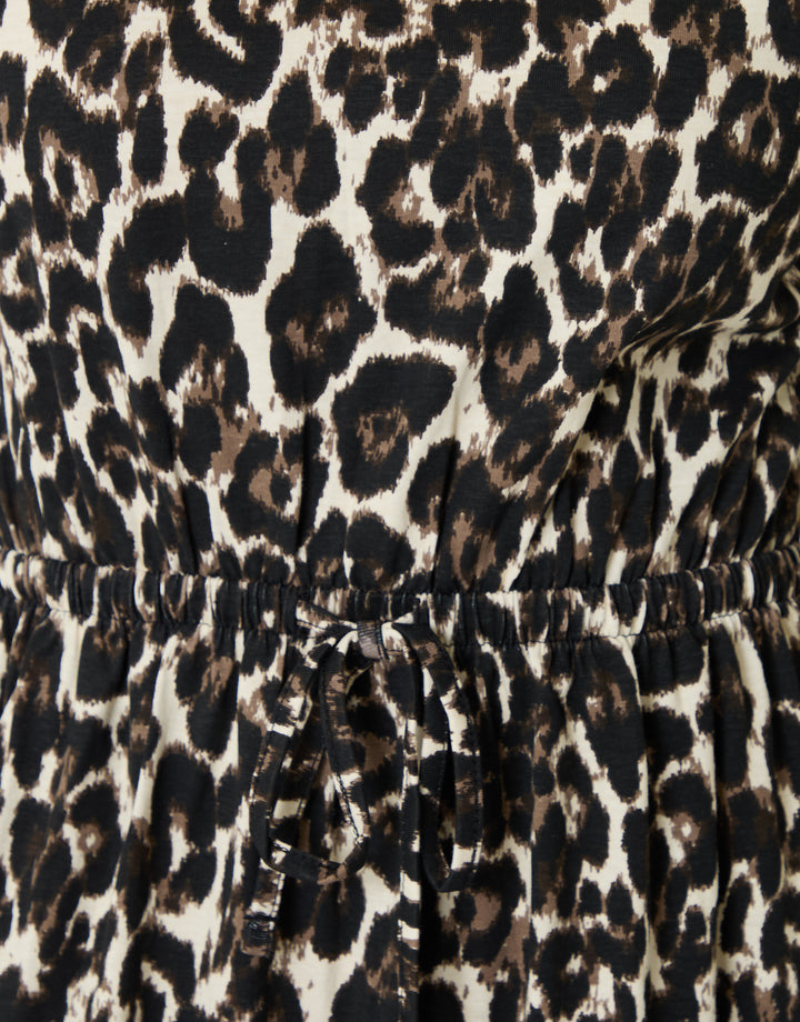 Leopard Drawstring Waist Boat Neck Cotton Jersey Maxi Dress