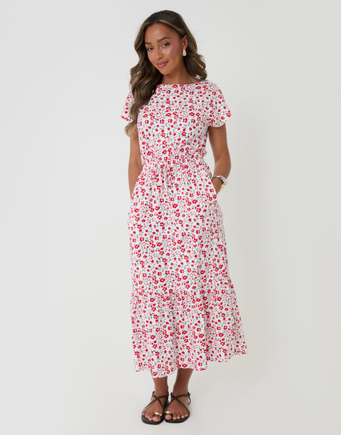 Threadbare Drawstring Waist Boat Neck Cotton Jersey Maxi Dress in White Red Floral - front view