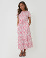 Threadbare Drawstring Waist Boat Neck Cotton Jersey Maxi Dress in White Red Floral - front view