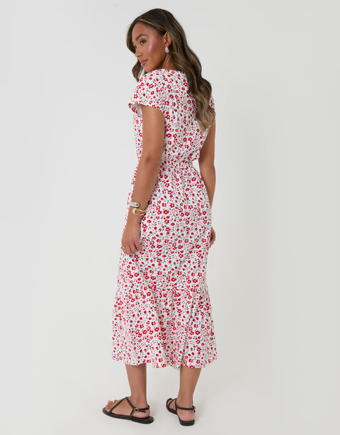 Threadbare Drawstring Waist Boat Neck Cotton Jersey Maxi Dress in White Red Floral - back view