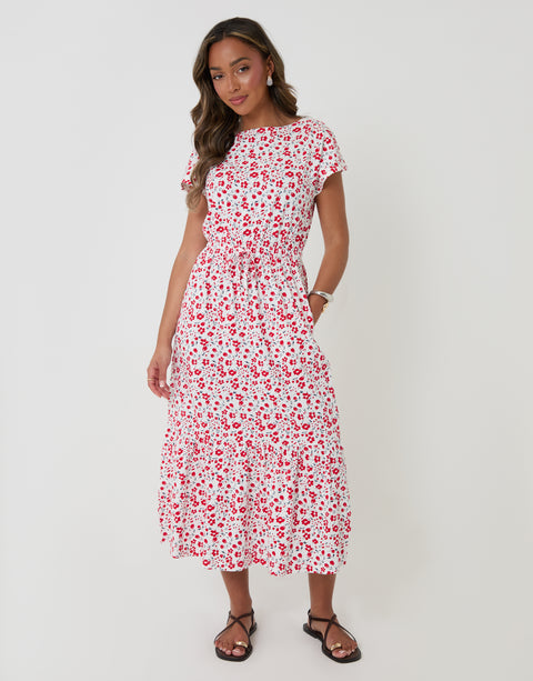Threadbare Drawstring Waist Boat Neck Cotton Jersey Maxi Dress in White Red Floral - full body
