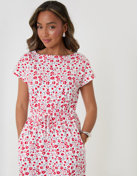 Threadbare Drawstring Waist Boat Neck Cotton Jersey Maxi Dress in White Red Floral - close up