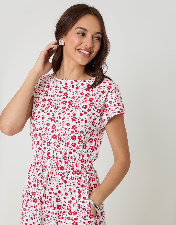 Red Floral Drawstring Waist Boat Neck Cotton Jersey Maxi Dress