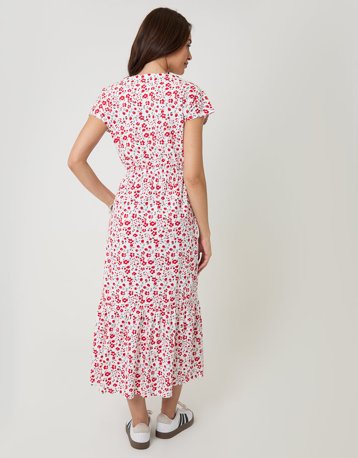 Red Floral Drawstring Waist Boat Neck Cotton Jersey Maxi Dress
