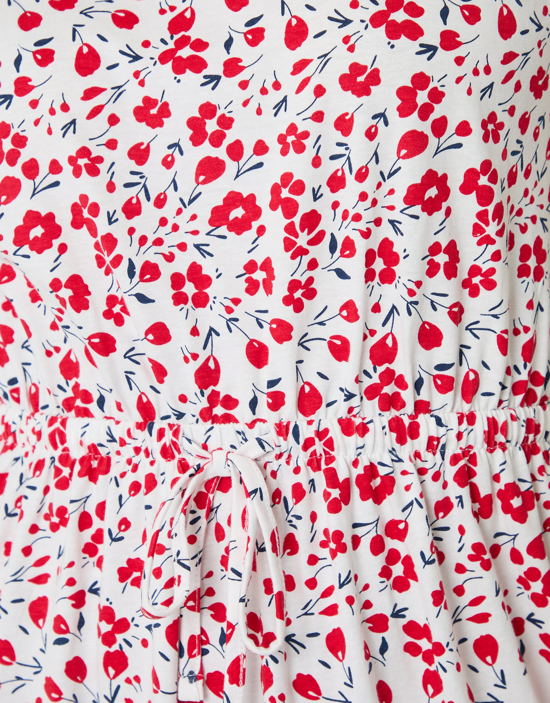 Red Floral Drawstring Waist Boat Neck Cotton Jersey Maxi Dress