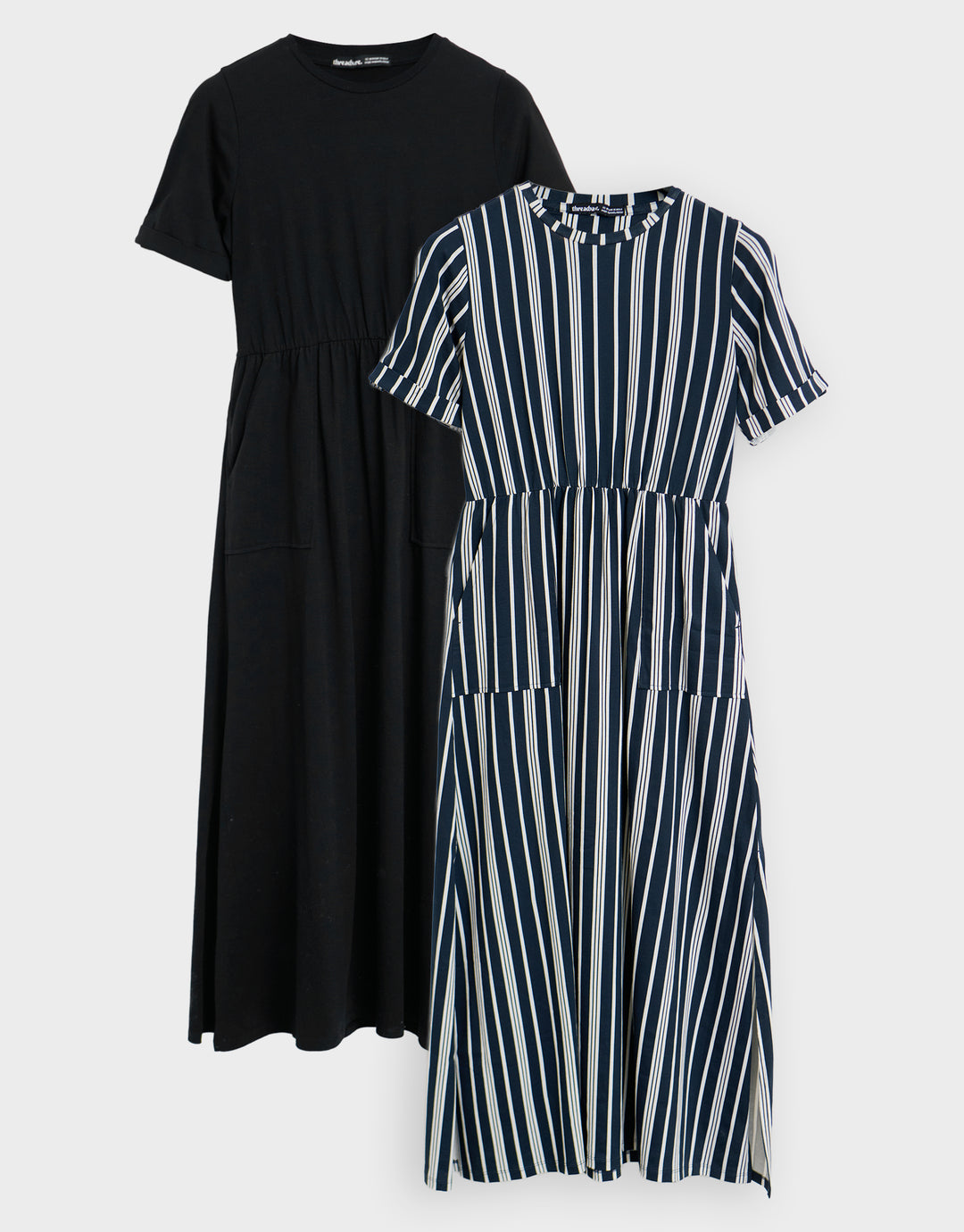 2 Pack Black & Navy Stripe Crew Neck Jersey Midi Dresses with Patch Pockets